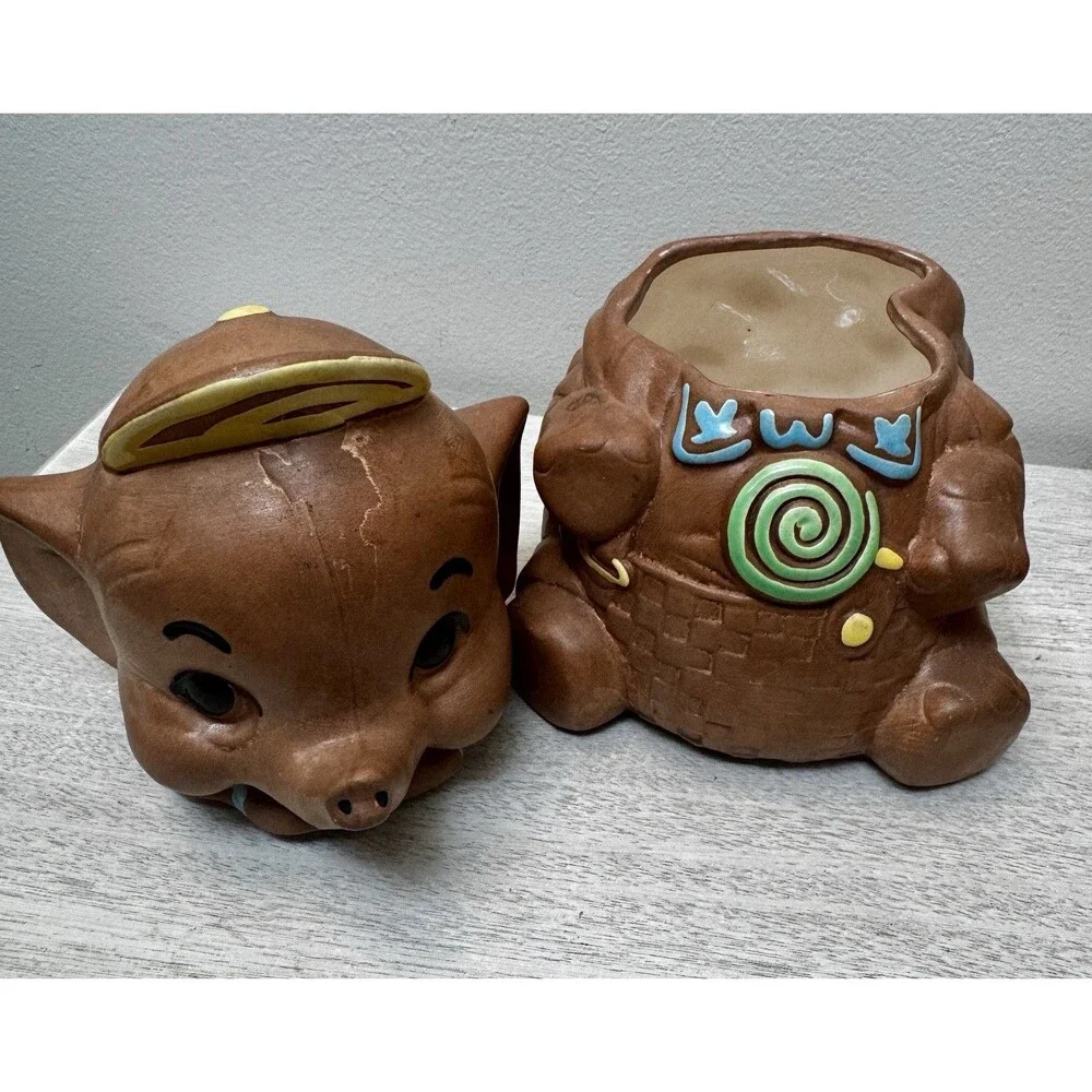 ⁠Vtg Elephant Cookie Jar Anthropomorphic Ceramic Swirl Lollipop Bowtie Basket⁠
